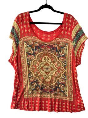 Lucky Brand Boho Print Top 2X Red Medallion Short Sleeve Tee